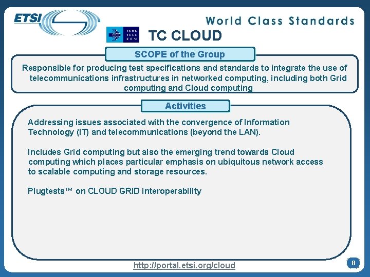 TC CLOUD SCOPE of the Group Responsible for producing test specifications and standards to