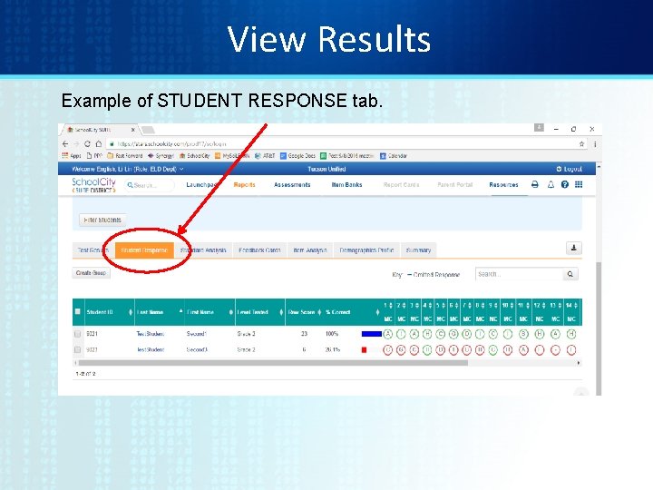 View Results Example of STUDENT RESPONSE tab. 