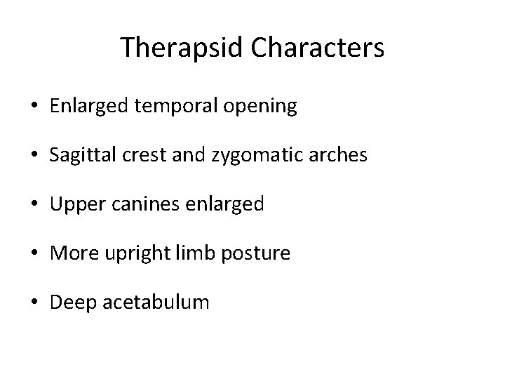 Therapsid Characters • Enlarged temporal opening • Sagittal crest and zygomatic arches • Upper