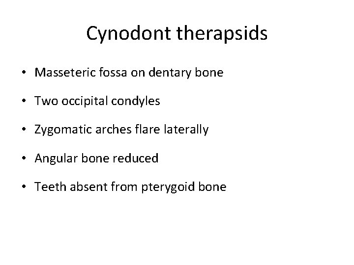Cynodont therapsids • Masseteric fossa on dentary bone • Two occipital condyles • Zygomatic