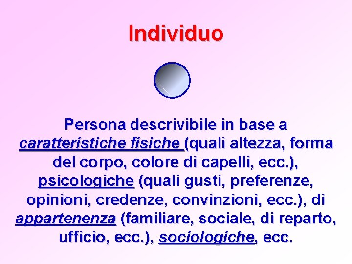 Individuo Persona descrivibile in base a caratteristiche fisiche (quali altezza, forma del corpo, colore