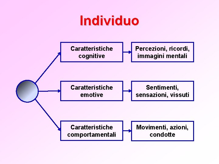 Individuo Caratteristiche cognitive Percezioni, ricordi, immagini mentali Caratteristiche emotive Sentimenti, sensazioni, vissuti Caratteristiche comportamentali