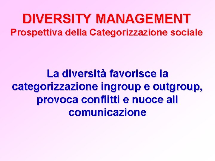 DIVERSITY MANAGEMENT Prospettiva della Categorizzazione sociale La diversità favorisce la categorizzazione ingroup e outgroup,