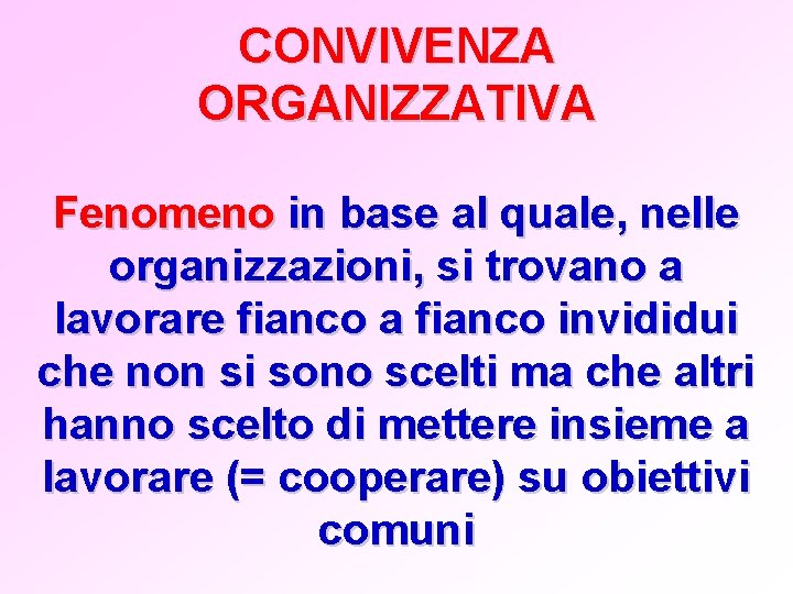 CONVIVENZA ORGANIZZATIVA Fenomeno in base al quale, nelle organizzazioni, si trovano a lavorare fianco