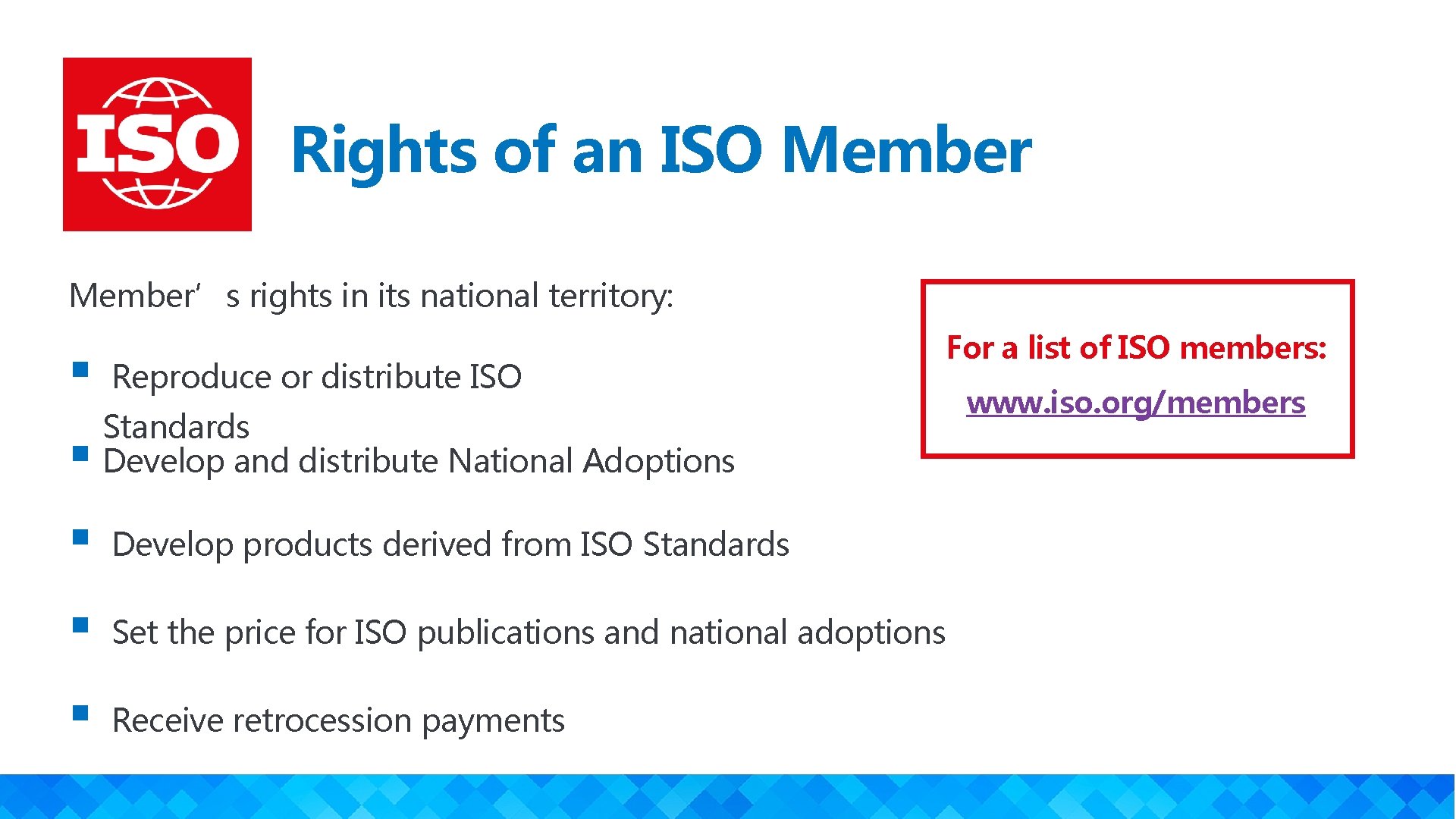 Rights of an ISO Member’s rights in its national territory: For a list of
