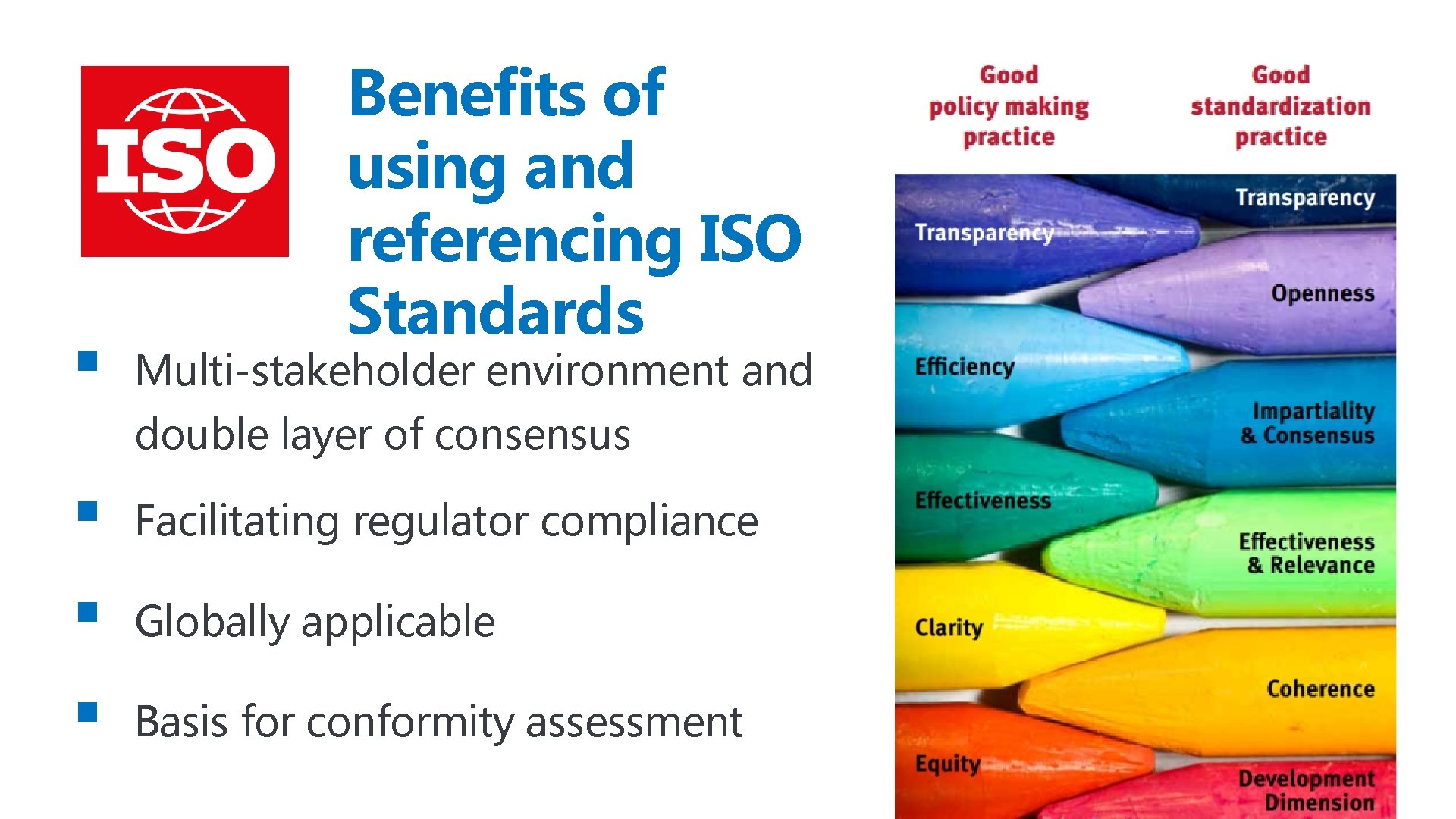 § Benefits of using and referencing ISO Standards Multi-stakeholder environment and double layer of