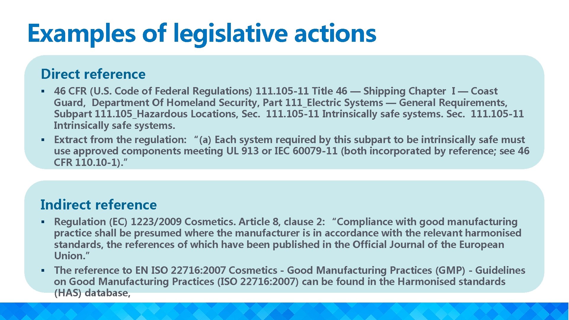 Examples of legislative actions Direct reference § 46 CFR (U. S. Code of Federal