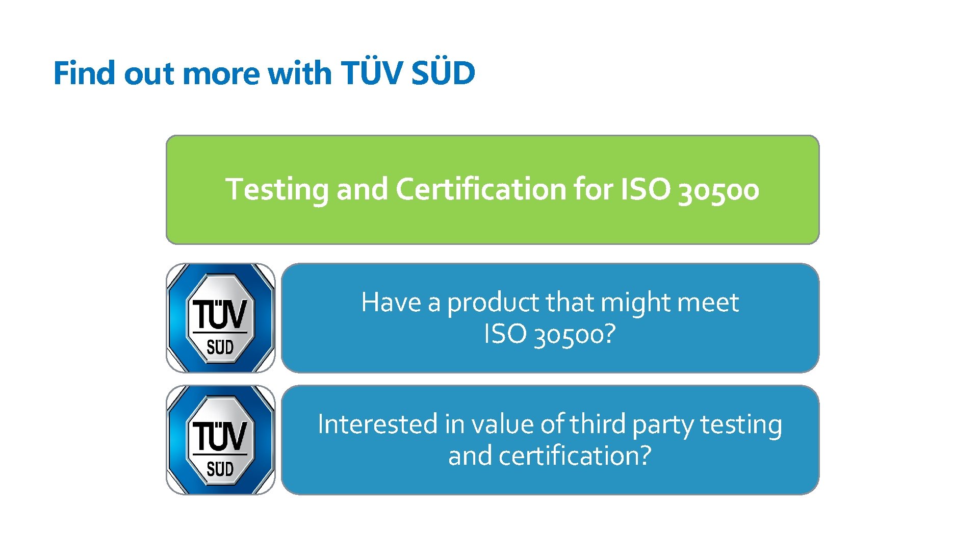 Find out more with TÜV SÜD Testing and Certification for ISO 30500 Have a