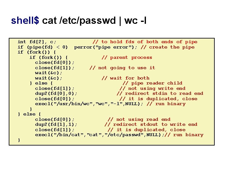 Carnegie Mellon shell$ cat /etc/passwd | wc -l int fd[2], c; // to hold