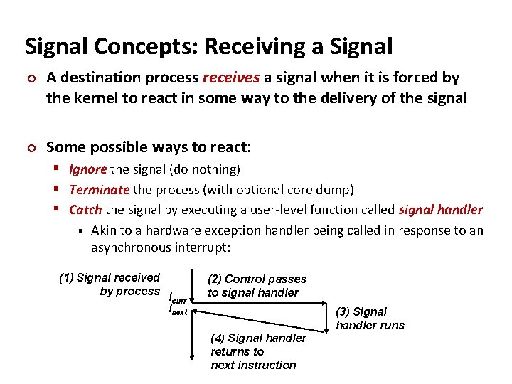 Carnegie Mellon Signal Concepts: Receiving a Signal ¢ ¢ A destination process receives a