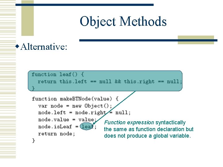 Object Methods w. Alternative: Function expression syntactically the same as function declaration but does