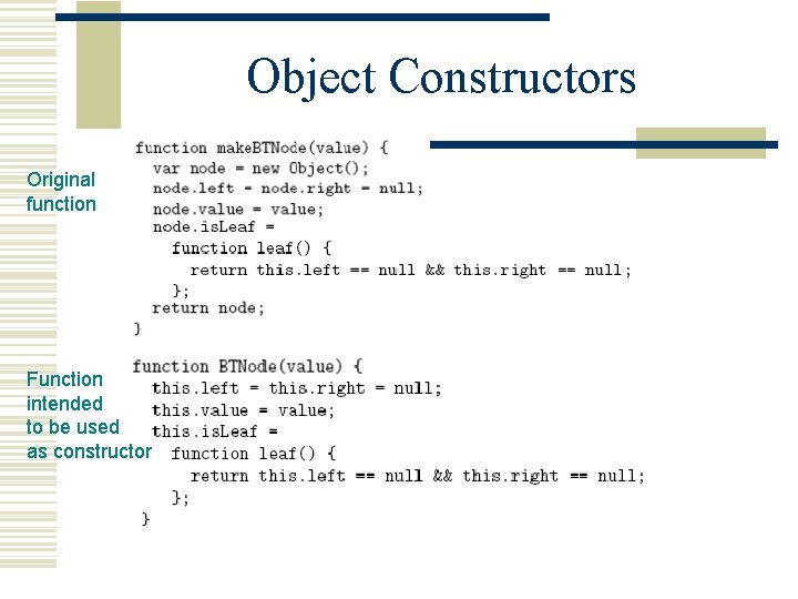 Object Constructors Original function Function intended to be used as constructor 