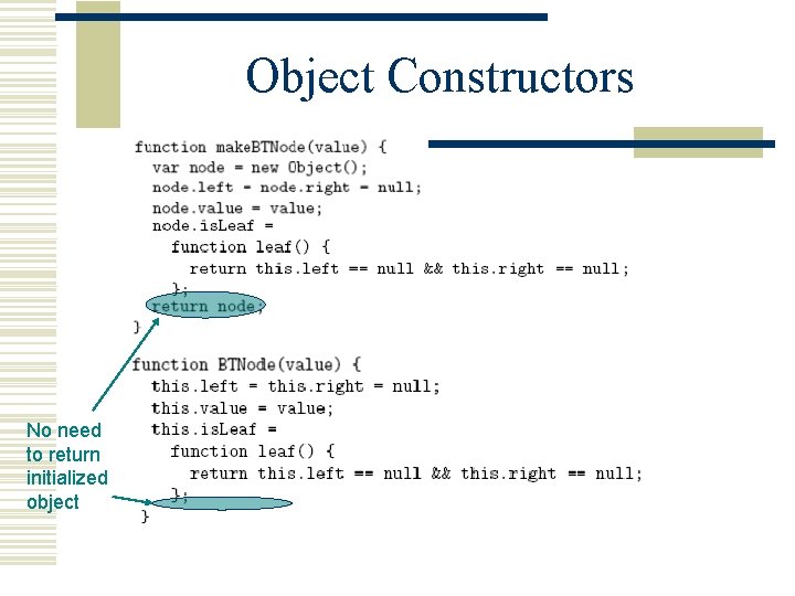 Object Constructors No need to return initialized object 