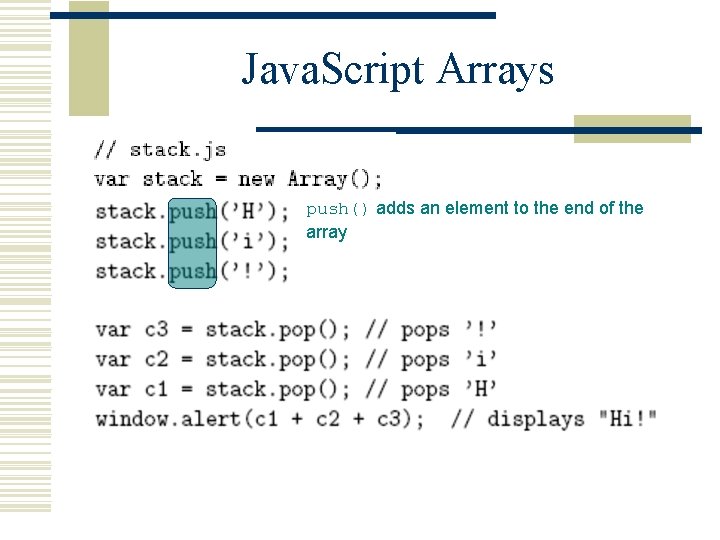 Java. Script Arrays push() adds an element to the end of the array 