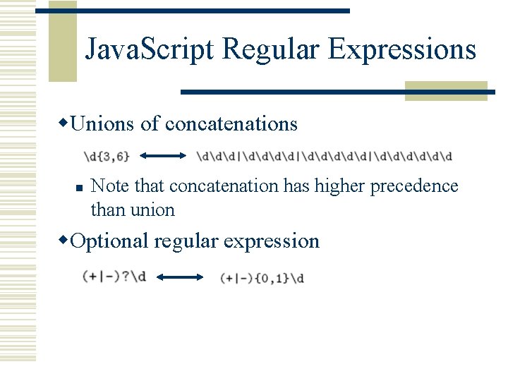 Java. Script Regular Expressions w. Unions of concatenations n Note that concatenation has higher