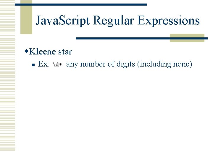Java. Script Regular Expressions w. Kleene star n Ex: any number of digits (including