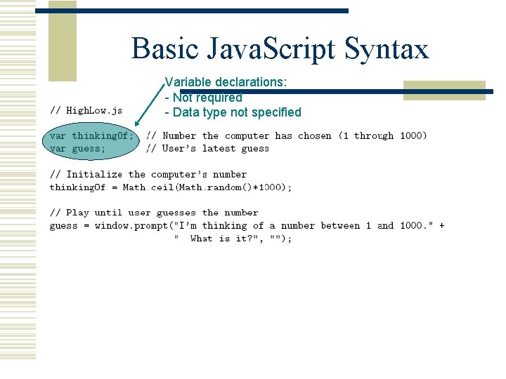Basic Java. Script Syntax Variable declarations: - Not required - Data type not specified