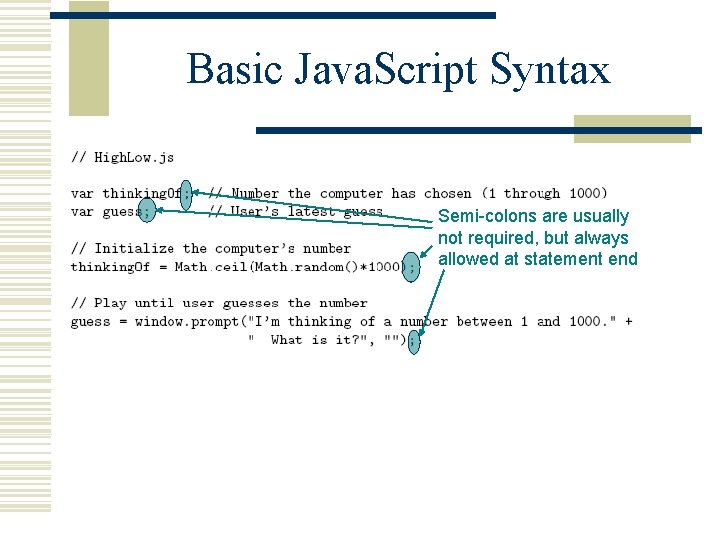 Basic Java. Script Syntax Semi-colons are usually not required, but always allowed at statement