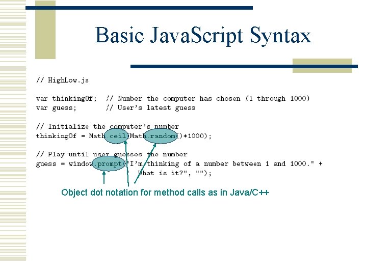 Basic Java. Script Syntax Object dot notation for method calls as in Java/C++ 