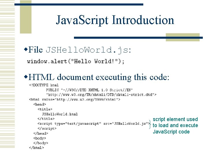 Java. Script Introduction w. File JSHello. World. js: w. HTML document executing this code: