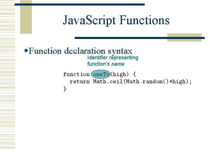 Java. Script Functions w. Function declaration syntax Identifier representing function’s name 