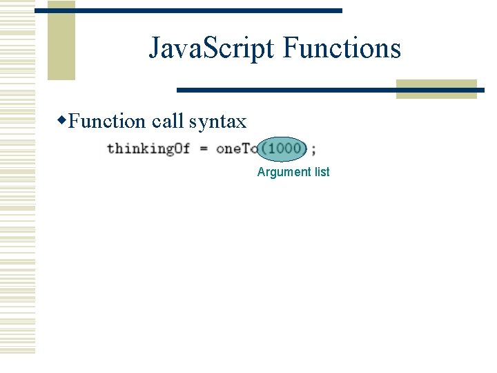 Java. Script Functions w. Function call syntax Argument list 