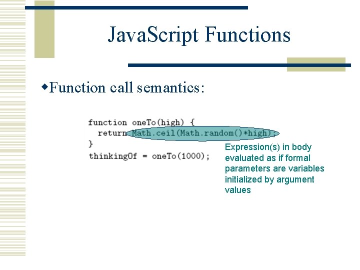 Java. Script Functions w. Function call semantics: Expression(s) in body evaluated as if formal