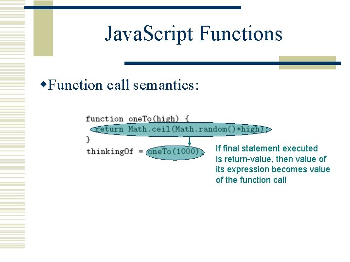 Java. Script Functions w. Function call semantics: If final statement executed is return-value, then