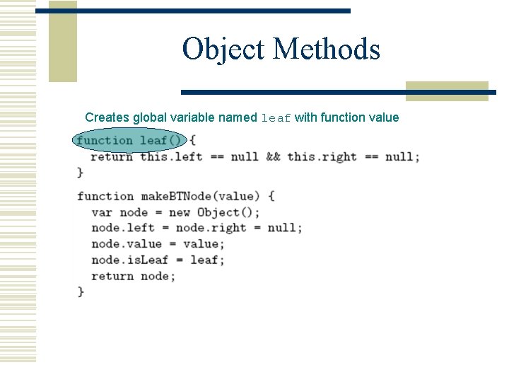 Object Methods Creates global variable named leaf with function value 
