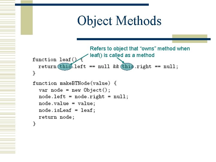 Object Methods Refers to object that “owns” method when leaf() is called as a