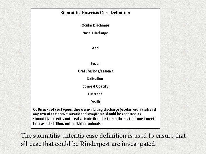 Stomatitis-Enteritis Case Definition Ocular Discharge Nasal Discharge And Fever Oral Erosions/Lesions Salivation Corneal Opacity