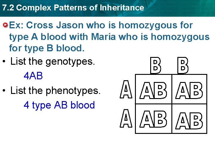 7. 2 Complex Patterns of Inheritance Ex: Cross Jason who is homozygous for type
