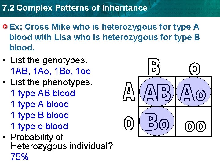 7. 2 Complex Patterns of Inheritance Ex: Cross Mike who is heterozygous for type