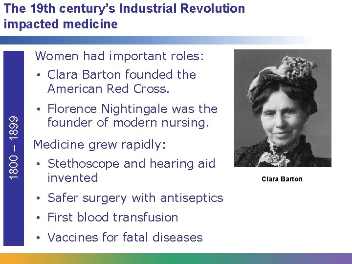 The 19 th century’s Industrial Revolution impacted medicine Women had important roles: 1800 –