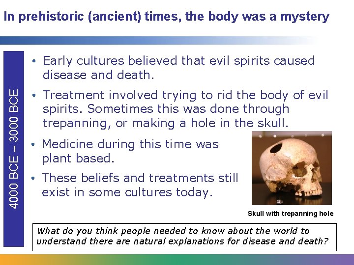 In prehistoric (ancient) times, the body was a mystery 4000 BCE – 3000 BCE