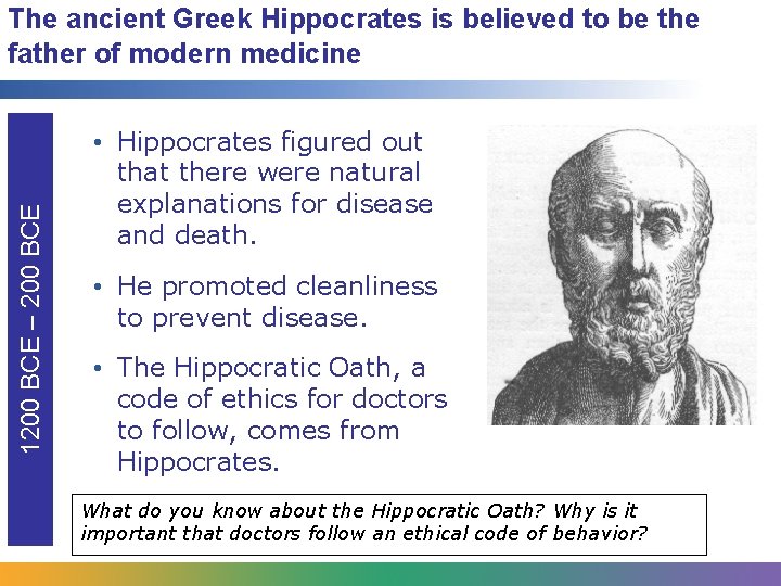 1200 BCE – 200 BCE The ancient Greek Hippocrates is believed to be the