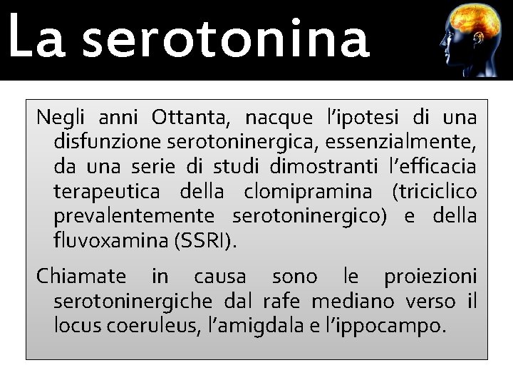 La serotonina Negli anni Ottanta, nacque l’ipotesi di una disfunzione serotoninergica, essenzialmente, da una