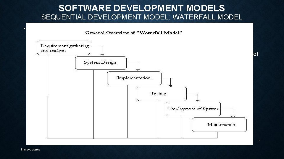 SOFTWARE DEVELOPMENT MODELS SEQUENTIAL DEVELOPMENT MODEL: WATERFALL MODEL SEQUENTIAL DEVELOPMENT MODEL: • In a