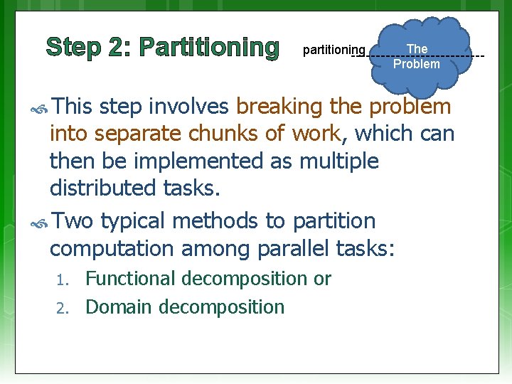 Step 2: Partitioning partitioning This The Problem step involves breaking the problem into separate