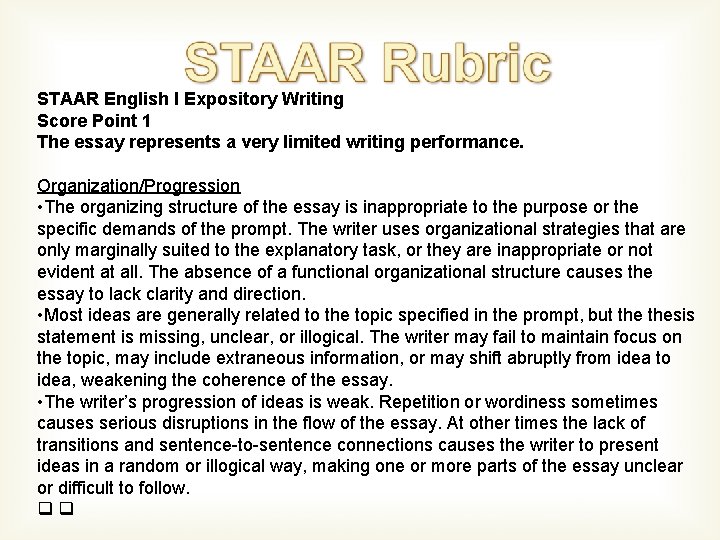 STAAR English I Expository Writing Score Point 1 The essay represents a very limited