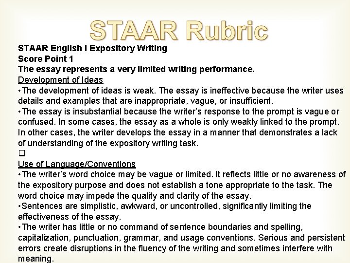 STAAR English I Expository Writing Score Point 1 The essay represents a very limited