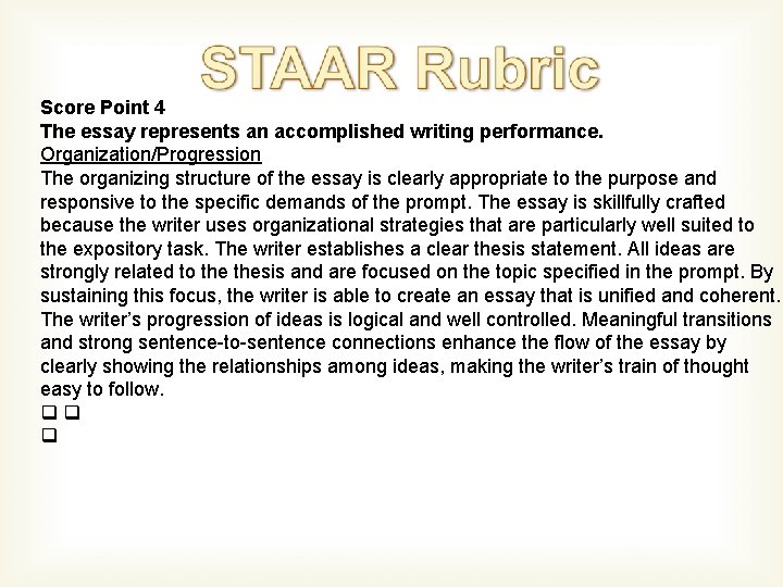 Score Point 4 The essay represents an accomplished writing performance. Organization/Progression The organizing structure