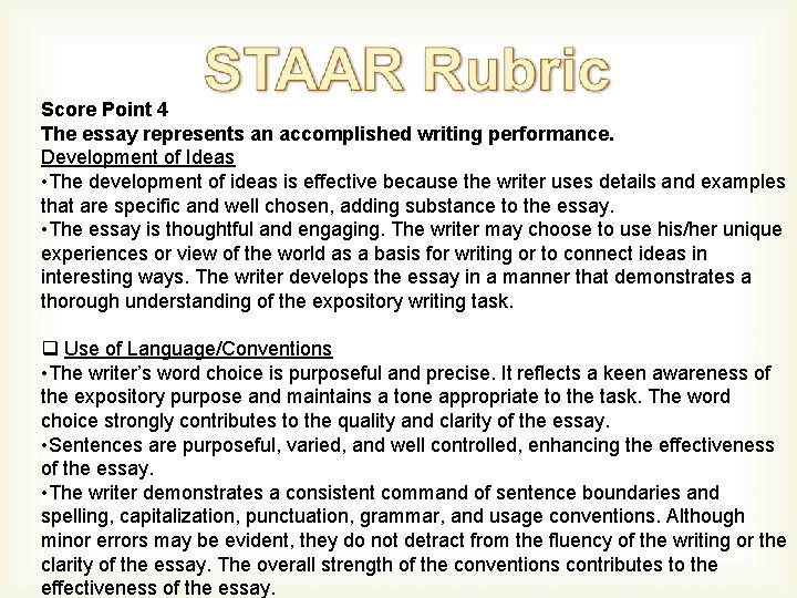 Score Point 4 The essay represents an accomplished writing performance. Development of Ideas •