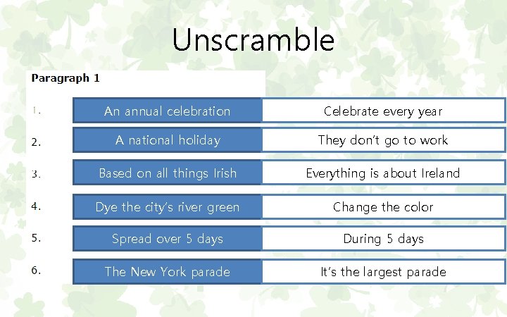 Unscramble An annual celebration Celebrate every year A national holiday They don’t go to