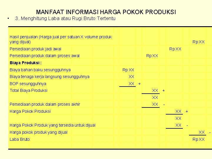 MANFAAT INFORMASI HARGA POKOK PRODUKSI • 3. Menghitung Laba atau Rugi Bruto Tertentu Hasil MANFAAT INFORMASI HARGA POKOK PRODUKSI • 3. Menghitung Laba atau Rugi Bruto Tertentu Hasil