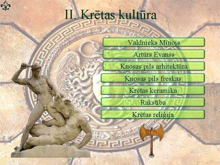 II. Krētas kultūra Valdnieks Mīnojs Artūrs Evanss Knosas pils arhitektūra Knosas pils freskas Krētas II. Krētas kultūra Valdnieks Mīnojs Artūrs Evanss Knosas pils arhitektūra Knosas pils freskas Krētas