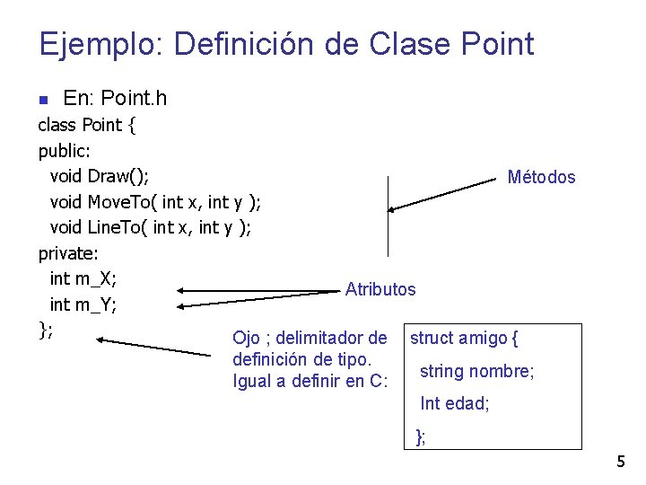 Ejemplo: Definición de Clase Point En: Point. h class Point { public: void Draw();