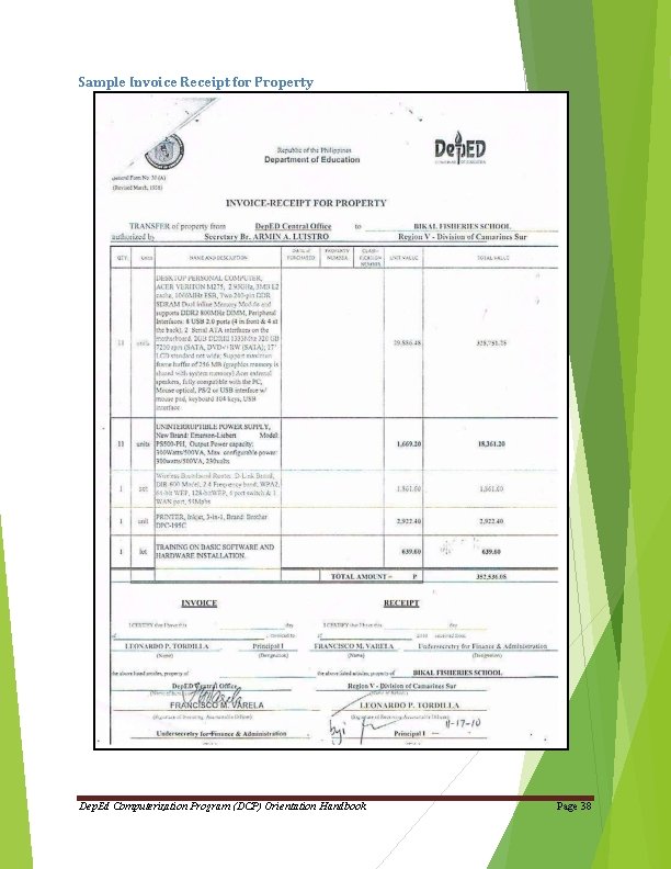 Sample Invoice Receipt for Property Dep. Ed Computerization Program (DCP) Orientation Handbook Page 38