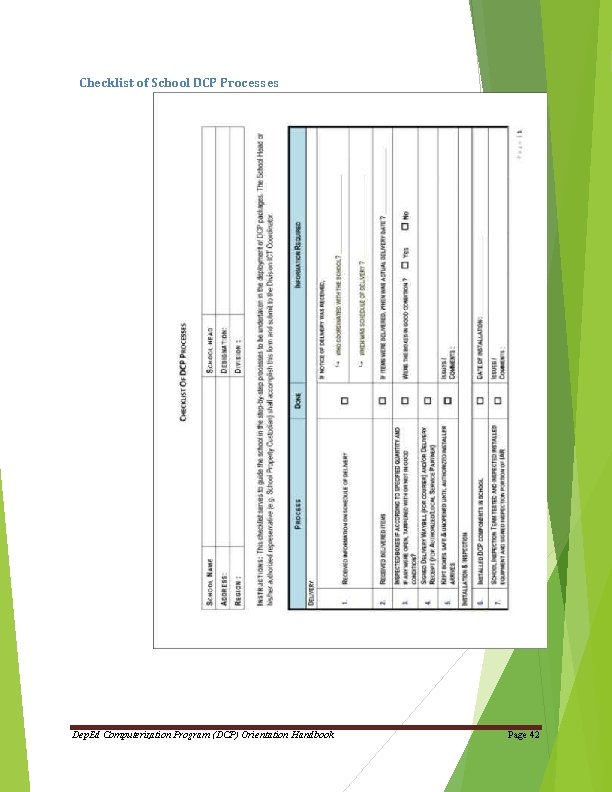 Checklist of School DCP Processes Dep. Ed Computerization Program (DCP) Orientation Handbook Page 42