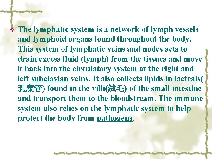 v The lymphatic system is a network of lymph vessels and lymphoid organs found